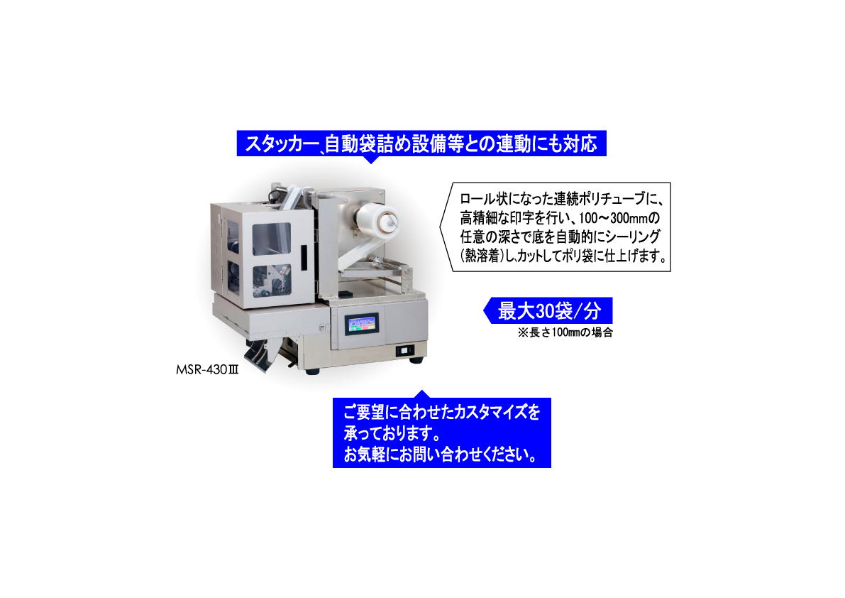 スタッカ―、自動袋詰め設備等との連動にも対応