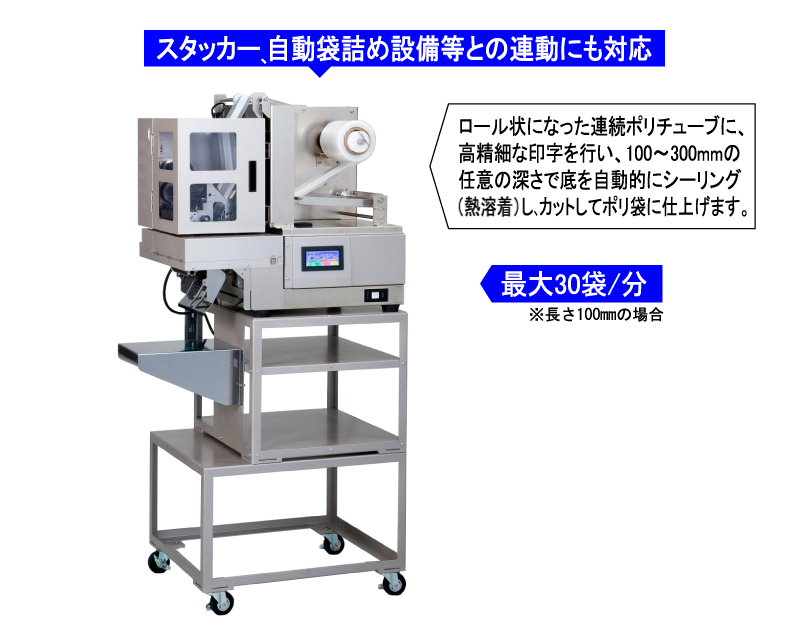 スタッカ―、自動袋詰め設備等との連動にも対応